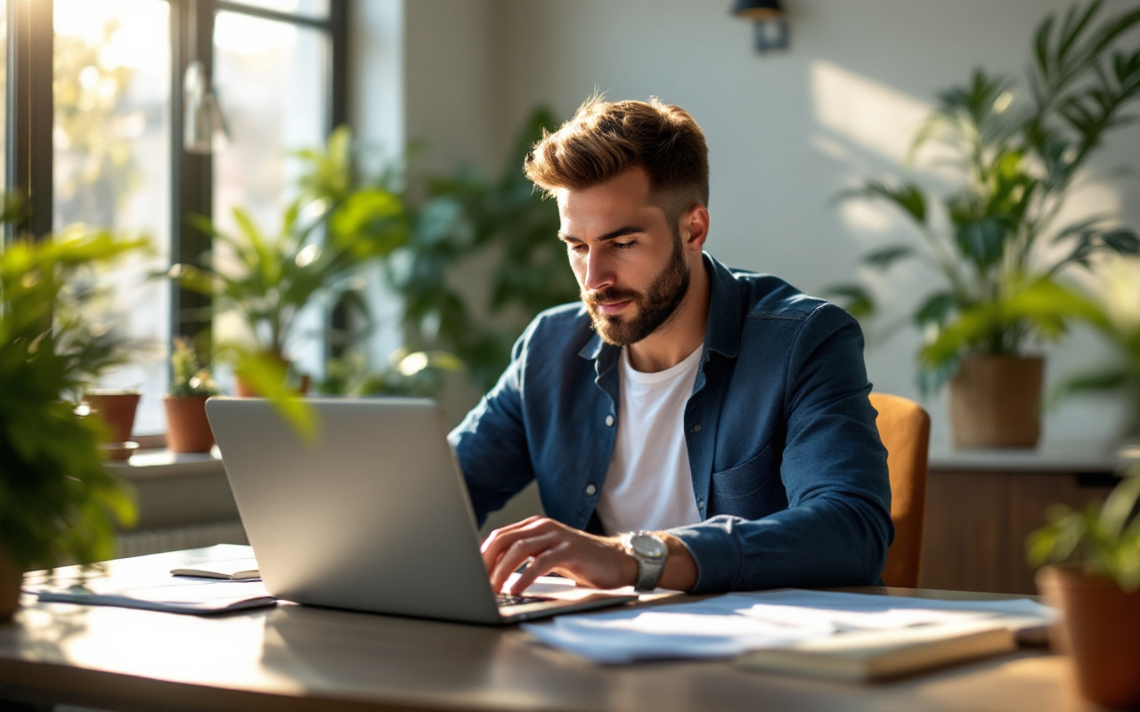 un-investisseur-immobilier-assis-a-un-bureau-moderne-examinant-des-documents-de-propriete-avec-un-ordinateur-portable-entoure-de-lumiere-naturelle-entrant-par-une-grande-fenetre-et-des-plante