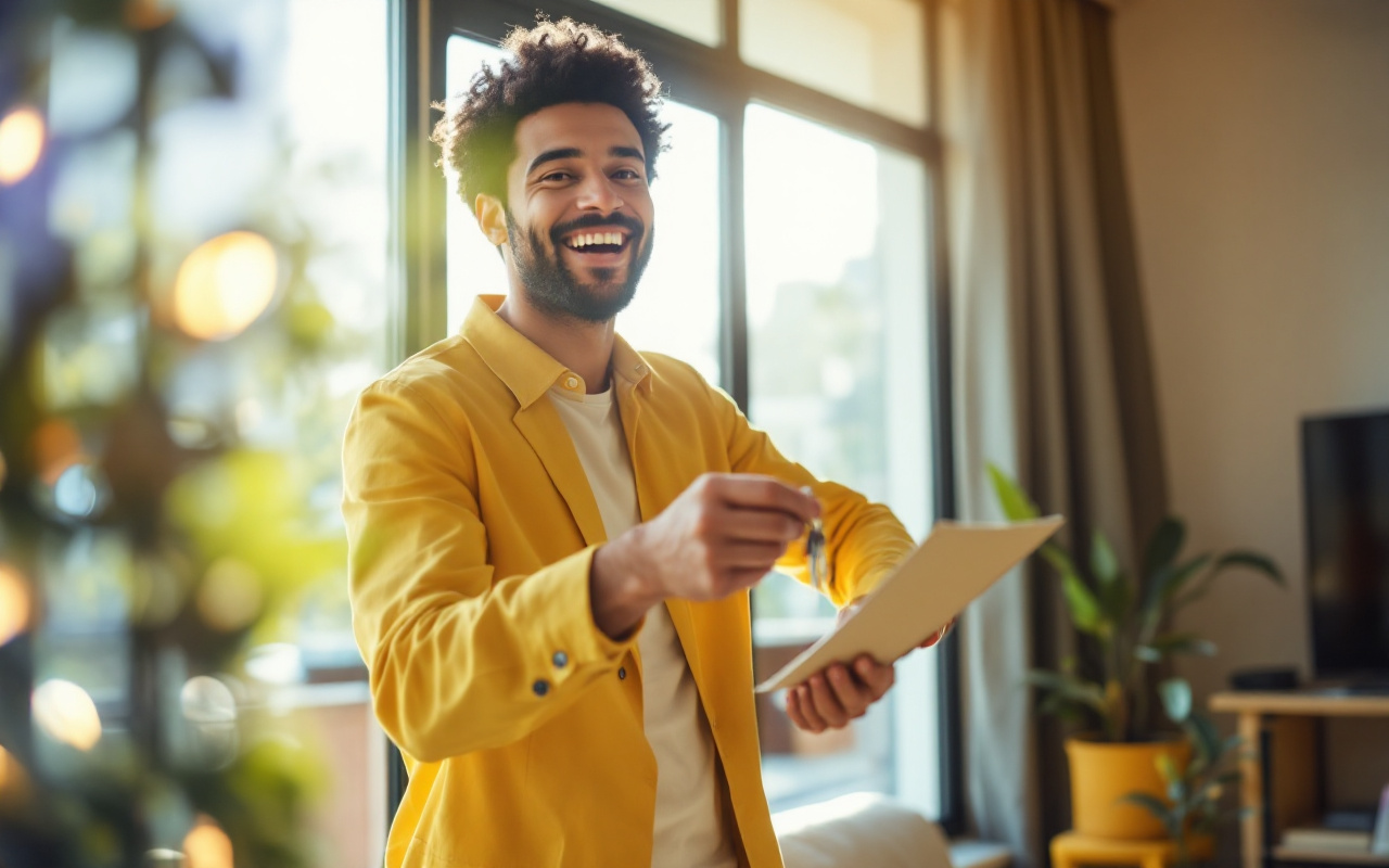 Un locataire heureux tenant des clés de son nouvel appartement, avec un grand sourire, installé dans un cadre lumineux et joyeux, symbolisant le nouveau départ.