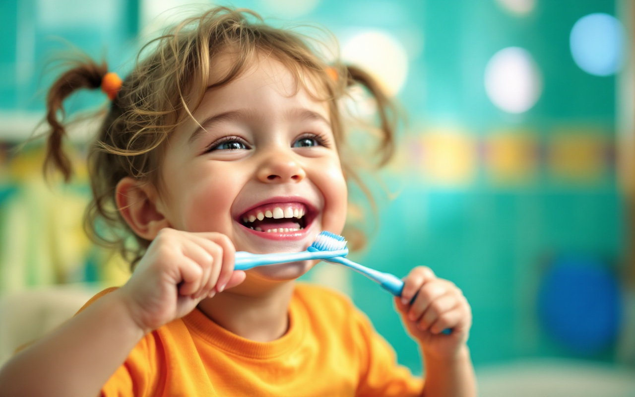 Un enfant souriant avec enthousiasme en train de se brosser les dents dans une salle de bain color&eacute;e.