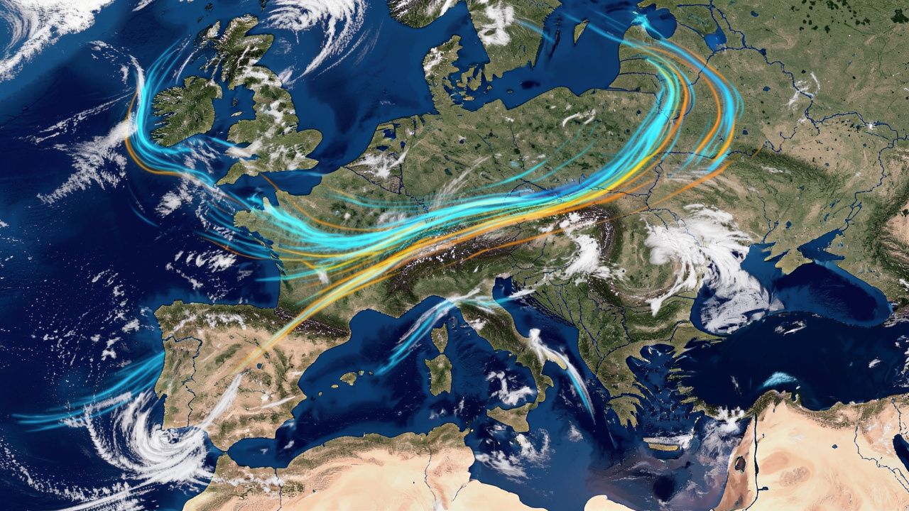 Vue aérienne stylisée et réaliste de l’Europe avec un courant-jet sinueux formé de rubans de vents colorés au-dessus de l’Atlantique et de la France.