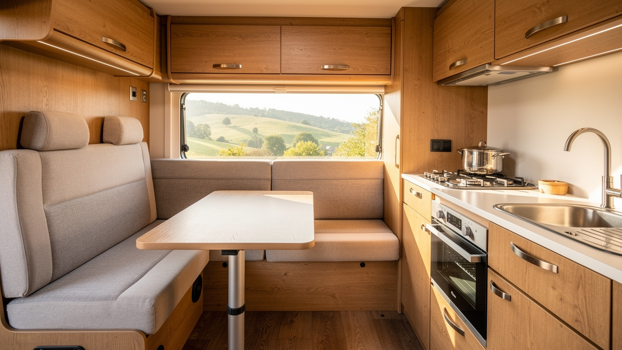 Intérieur lumineux d’un camion aménagé avec coin repas, rangements en bois, cuisine équipée et grande baie vitrée donnant sur un paysage naturel.