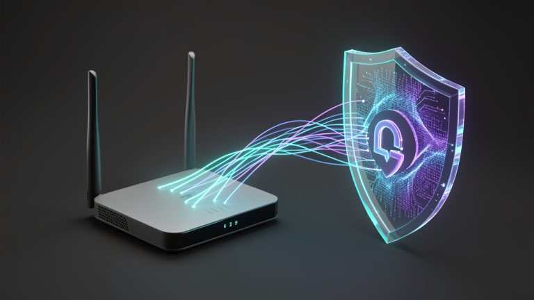 Illustration éditoriale montrant un routeur domestique relié par des flux lumineux à un bouclier DNS protecteur, dans une ambiance technologique sobre.
