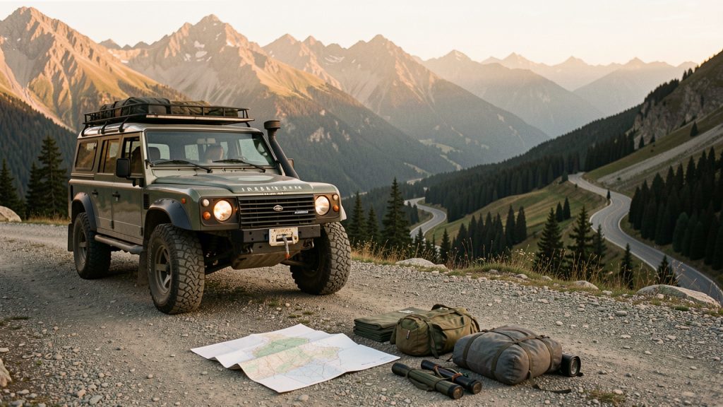 Véhicule d’aventure stationné au bord d’une route panoramique de montagne, avec des cartes pliées sans inscriptions et du matériel de bivouac au premier plan.