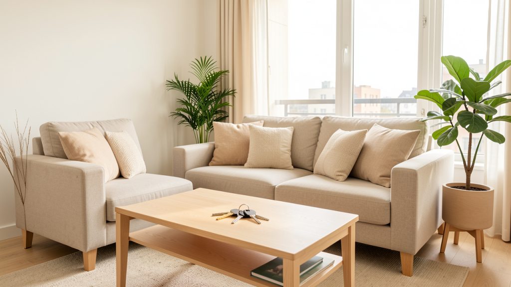 Appartement moderne et lumineux prêt à louer, avec un salon bien rangé et des clés posées sur une table basse.