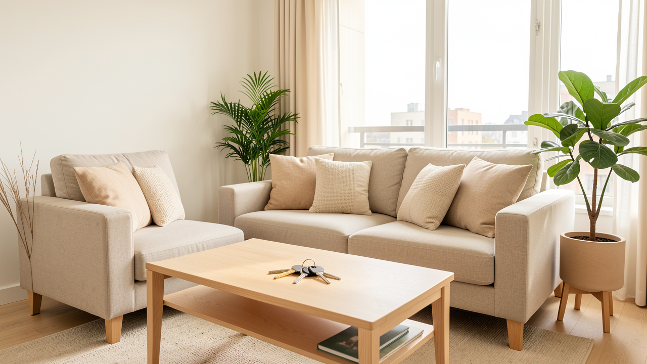 Appartement moderne et lumineux prêt à louer, avec un salon bien rangé et des clés posées sur une table basse.