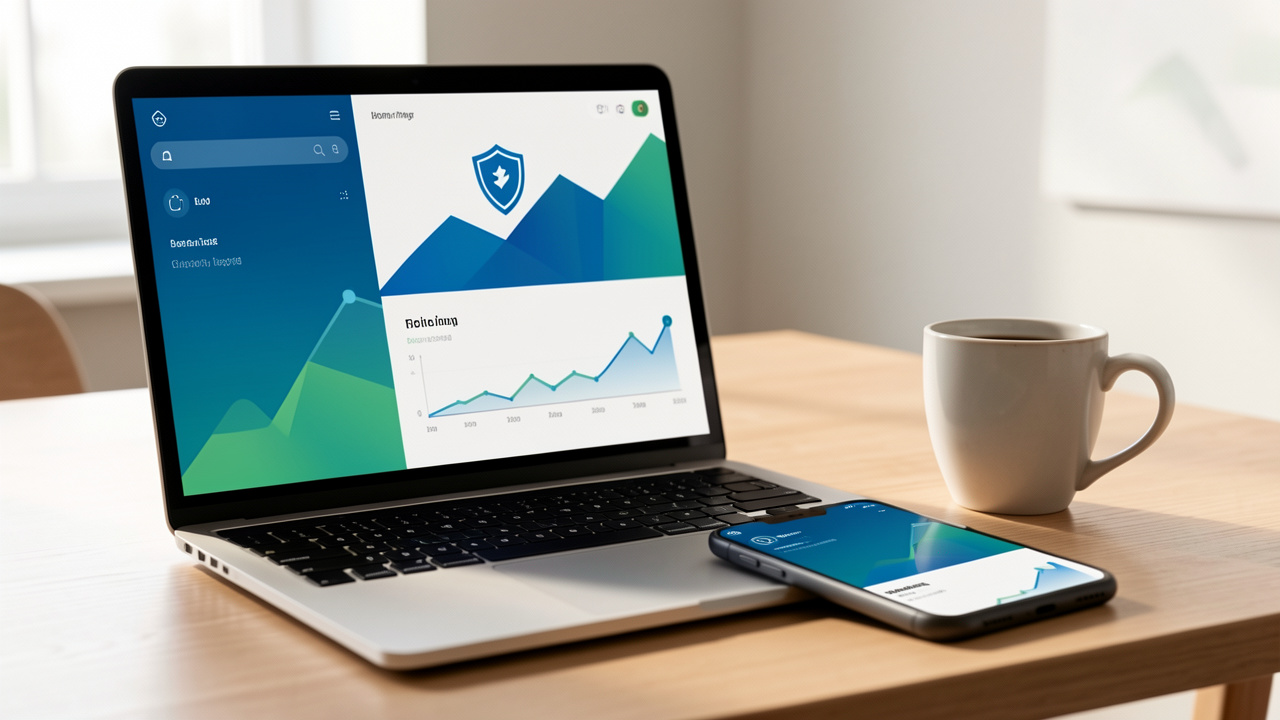 Ordinateur portable et smartphone affichant des interfaces bancaires abstraites et sécurisées sur un bureau lumineux.