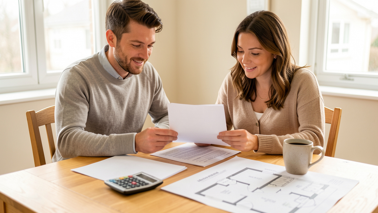 Un homme et une femme consultent ensemble des documents de prêt immobilier avec une calculatrice et des plans d’appartement sur une table éclairée par la lumière naturelle.