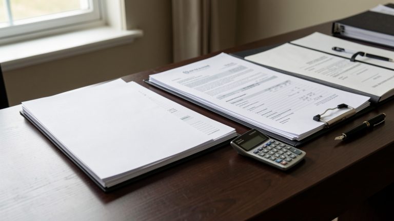 Dossier administratif immobilier composé de papiers, relevés, bail et documents fiscaux classés sur un bureau sobre et professionnel.