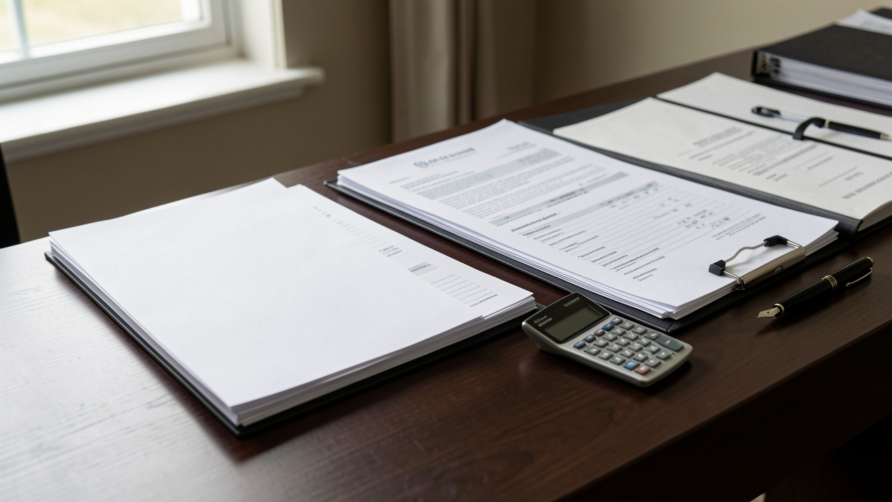 Dossier administratif immobilier composé de papiers, relevés, bail et documents fiscaux classés sur un bureau sobre et professionnel.