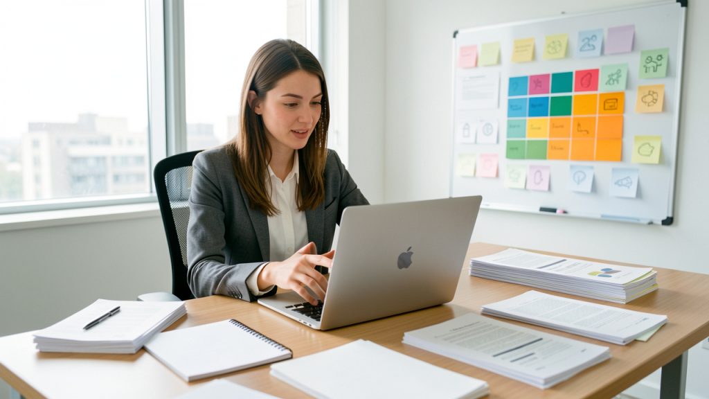 Une jeune employée compare plusieurs outils d’intelligence artificielle sur un ordinateur portable dans un bureau lumineux, avec des documents vierges et un tableau visuel de compétences abstrait.