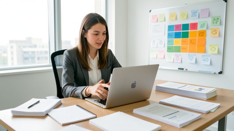 Une jeune employée compare plusieurs outils d’intelligence artificielle sur un ordinateur portable dans un bureau lumineux, avec des documents vierges et un tableau visuel de compétences abstrait.