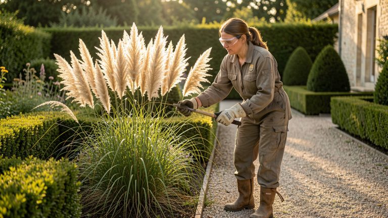Une jardinière portant des gants épais et des lunettes de protection entretient de grandes herbes de la pampa aux plumeaux beiges dans un jardin français à la fin de l’été.
