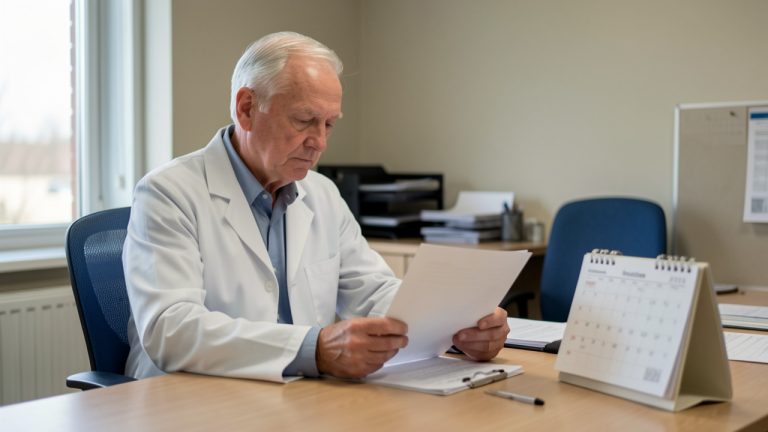 Médecin généraliste senior dans son cabinet, consultant des documents vierges et un calendrier non marqué sur son bureau, dans une ambiance réaliste et sobre.