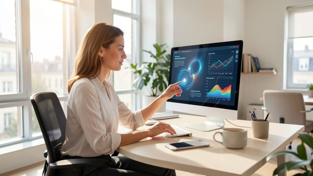 Salariée dans un bureau lumineux, analysant des données sur un ordinateur avec l’aide d’un assistant d’intelligence artificielle.