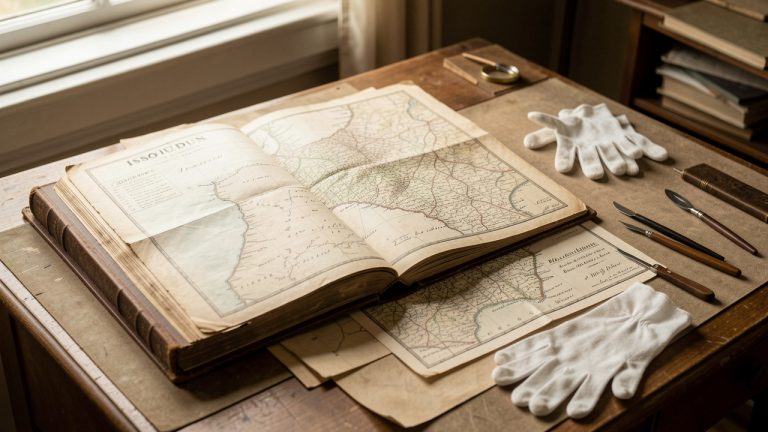Table de consultation d’archives historiques avec un registre ancien ouvert, des cartes anciennes d’Issoudun, des gants en coton et une lumière naturelle douce.