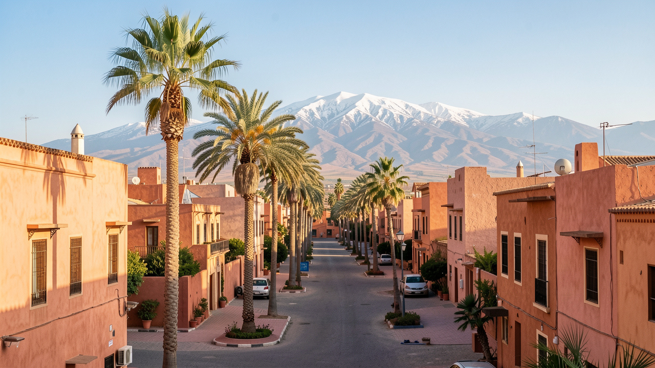 Vue lumineuse d’un quartier résidentiel de Marrakech bordé de palmiers, avec les montagnes de l’Atlas à l’horizon et une ambiance quotidienne paisible.