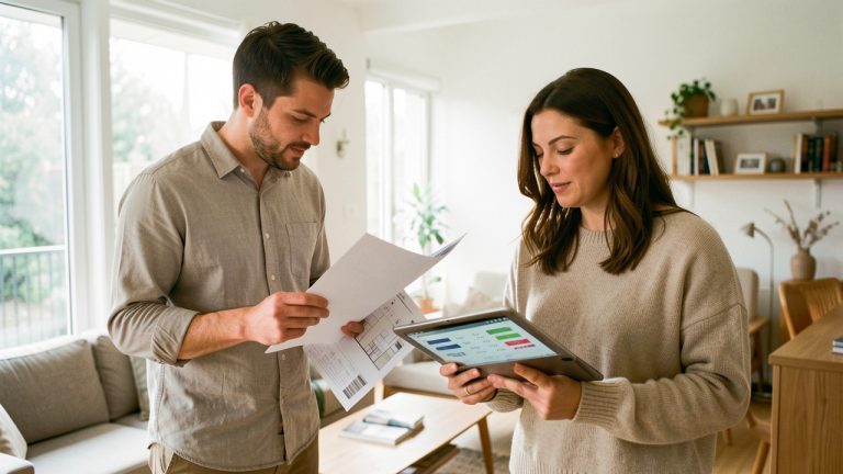 Un homme et une femme consultent des documents immobiliers vierges et un graphique abstrait dans un appartement moderne et lumineux.