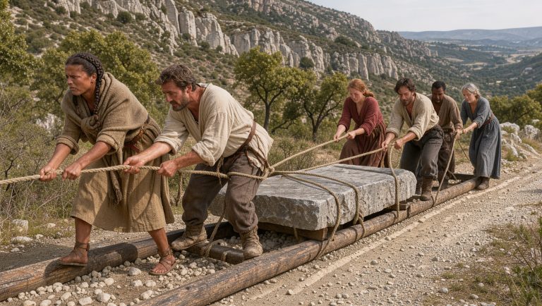 Démonstration publique d’archéologie expérimentale : des hommes et des femmes tirent une grande dalle de pierre avec des cordes sur des patins en bois dans un paysage ardéchois.