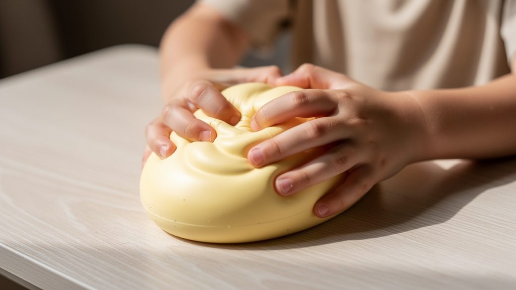 Jouet squishy jaune en forme de plaquette de beurre doucement pressé par les petites mains d’un jeune garçon sur une table claire.