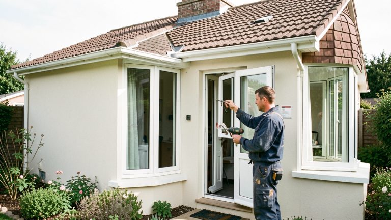 Maison individuelle française à la façade soignée, avec un artisan vérifiant les fenêtres et un panneau discret de diagnostic énergétique près de l’entrée.
