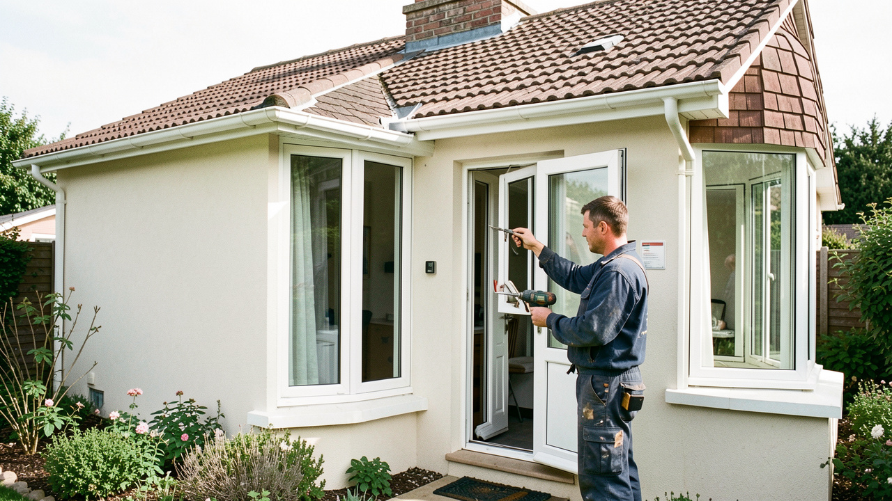Maison individuelle française à la façade soignée, avec un artisan vérifiant les fenêtres et un panneau discret de diagnostic énergétique près de l’entrée.