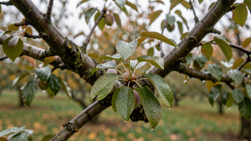 Gros plan réaliste d’un prunier aux feuilles légèrement argentées après une pluie d’automne, dans un verger familial baigné d’une lumière naturelle douce.