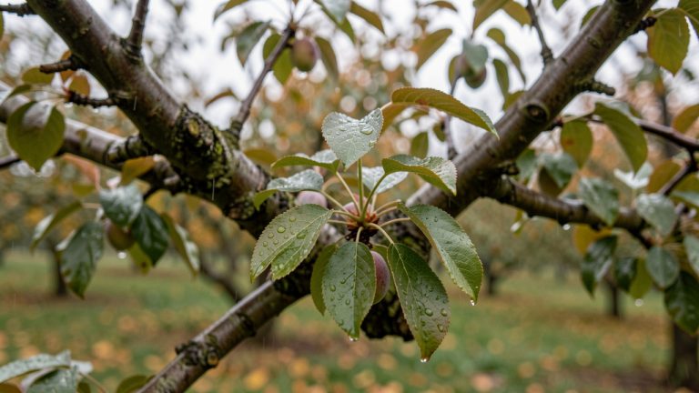 Gros plan réaliste d’un prunier aux feuilles légèrement argentées après une pluie d’automne, dans un verger familial baigné d’une lumière naturelle douce.
