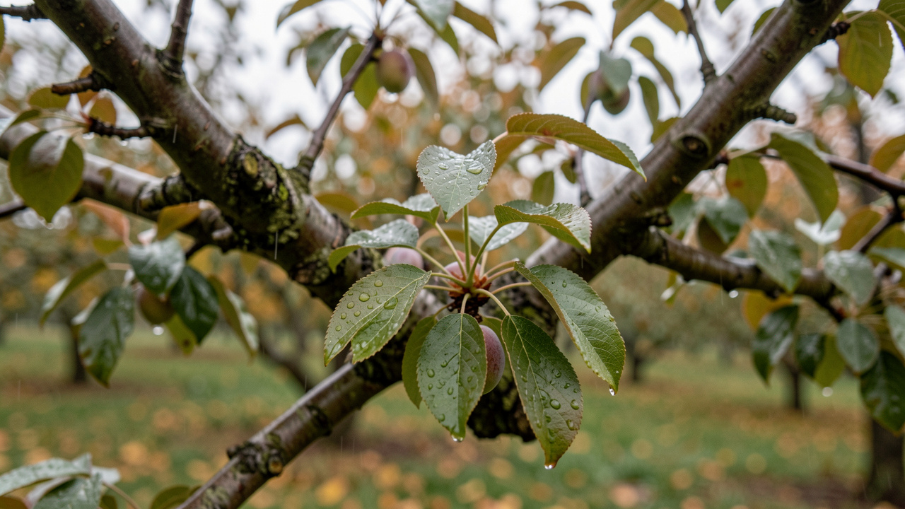 Gros plan réaliste d’un prunier aux feuilles légèrement argentées après une pluie d’automne, dans un verger familial baigné d’une lumière naturelle douce.